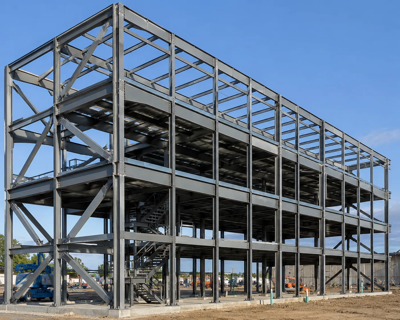 Fabricated steel frame under erection