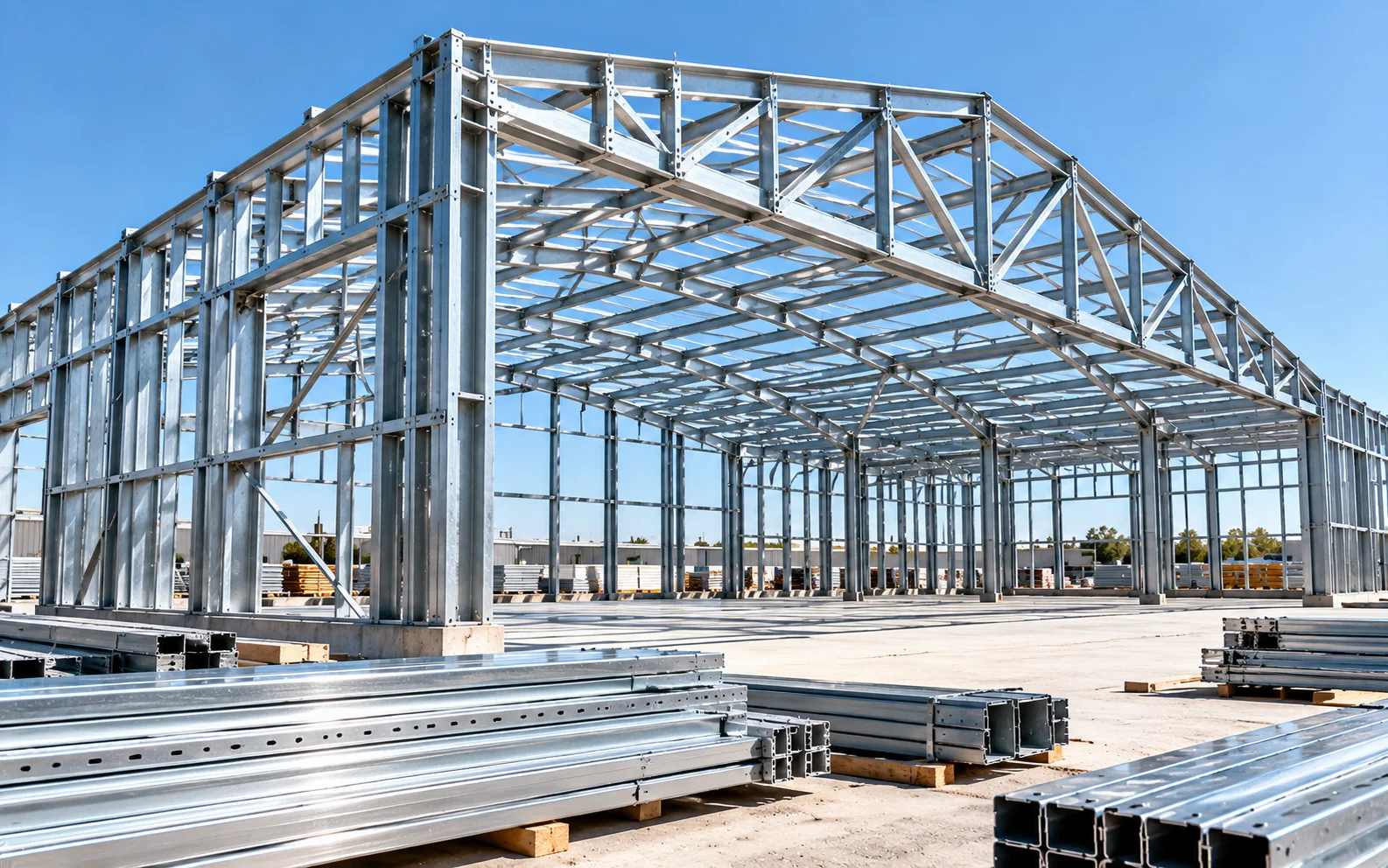 Fabricated steel frame under erection